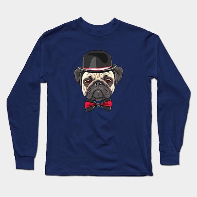 Dog fawn pug in a hat and bow tie Long Sleeve T-Shirt by kavalenkava